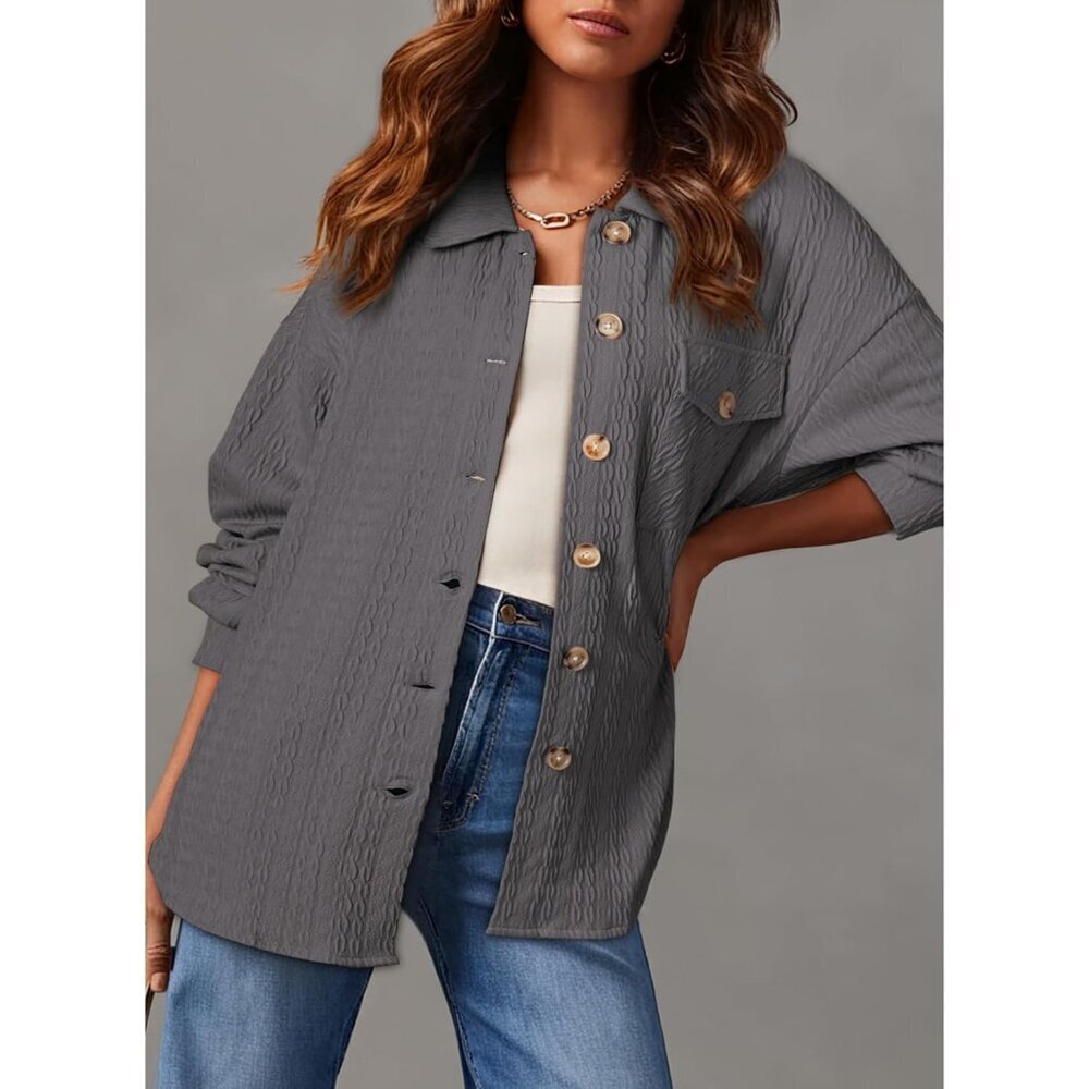 Women's Cable Knit Shacket Light Weight Button Down Long Sleeve Casual Oversized - Picture 3 of 5